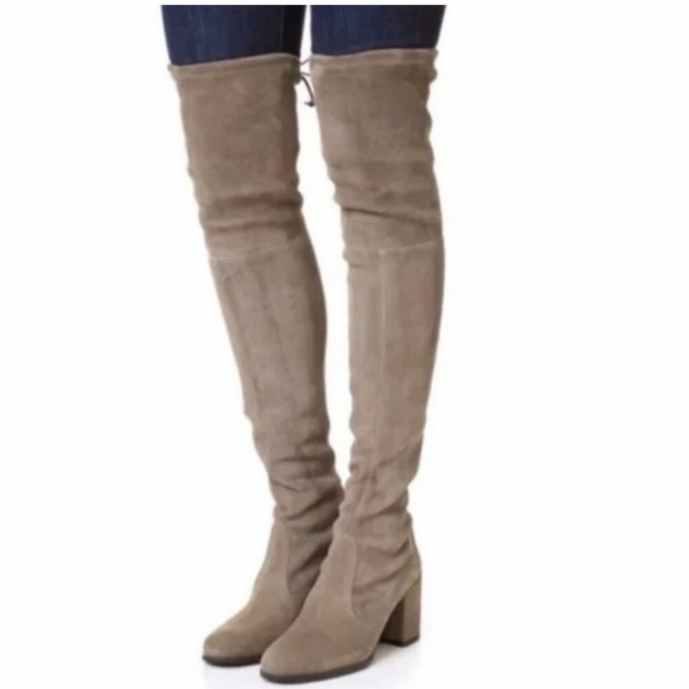 Stuart Weitzman Tieland Stretch Suede Over-the-Knee Boots in Taupe 8.5